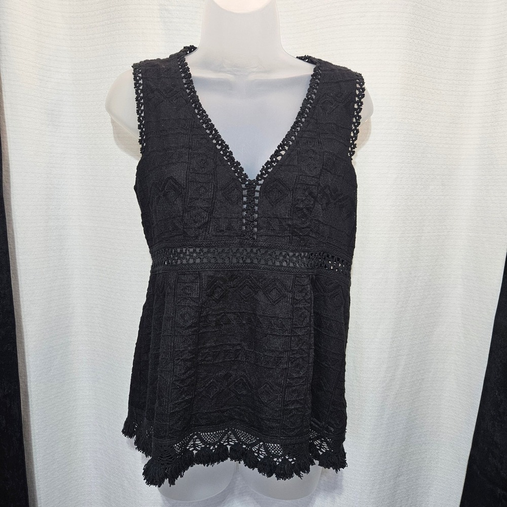 Nanette Lepore Black Lace VNeck Sleeveless Peplum Top Women Size 4 Made in NYC